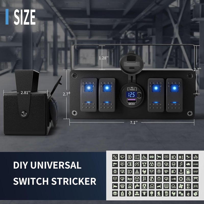 Joinfworld 4 Gang Rocker Switch Box 12V SPST ON/Off Marine Switch Panel 12 Volt Waterproof Blue LED Light Bar with Dual USB Outlet PD3.0 & QC3.0 Car USB Port for Boat Automotive Car Truck RV UTV - Image 2